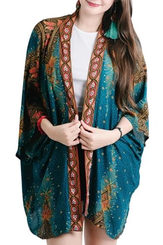 Image of YOUR COZY Boho Kimono Cardigan for Women with Hippie Gypsy Print Lightweight Summer Beach Cover Up & Open Front Bohemian Top (Sea Green Peacock)