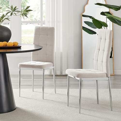 Image of Furniturebox UK Pair of Paloma Cream Fabric Dining Chairs - Upholstered Modern Tall Back Chairs with Silver Metal Legs - Square Button Tufted Seat - Contemporary Dining Room Furniture