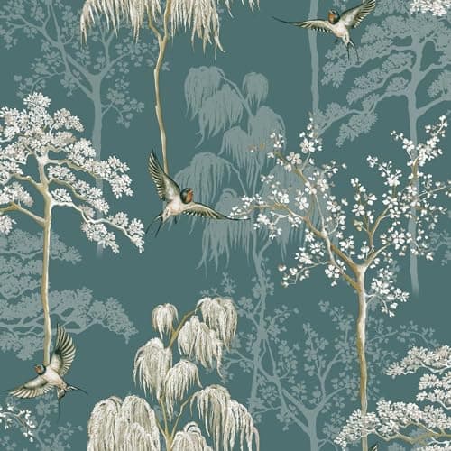 Image of World of Wallpaper Japanese Garden Inspired Oriental Asian Themed Wallpaper for Living Room and Bedroom Cherry Blossom Trees and Oriental Birds - Teal/Dark Green 946101