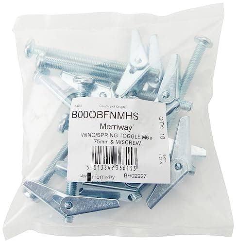 Image of Merriway BH02227 (10 Pcs) Wing Spring Toggle with Machine Screw for Hollow Wall Plasterboard, M6 x 75 mm (3 Inch x 1/4 Inch) - Pack of 10 Pieces