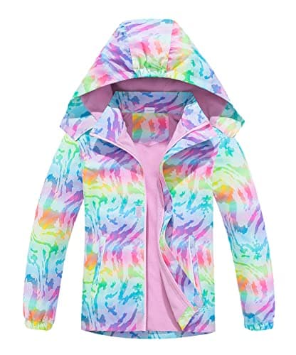 Image of CAMLAKEE Girls Waterproof Jackets Kids Raincoats FLeece Lined Printed Hooded Coat Outdoor Windbreaker Pink UK:7-8 years (manufacturers's size: 130)