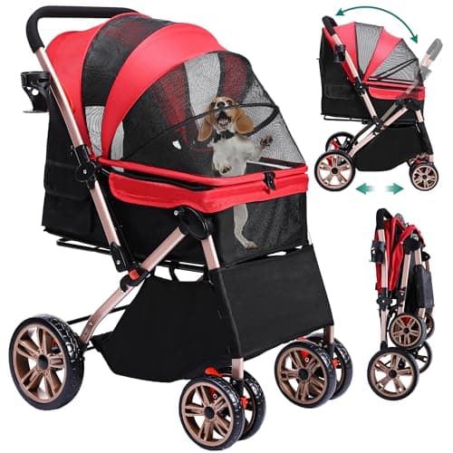 Image of YITAHOME Foldable Dog Stroller for Small Dogs, Pet Buggy with Reversible Handle, Mesh Windows, Cup Holder, 360° Rotating EVA Wheels with Brakes (Red)
