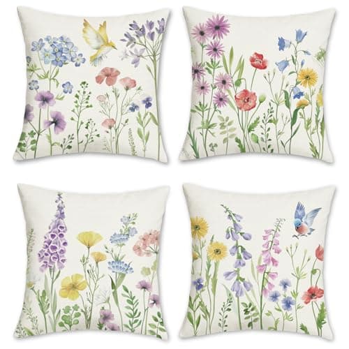 Image of Bonhause Garden Floral Cushion Covers 45 x 45 cm Flowers Birds Decorative Pillow Covers for Sofa Bed Garden Patio Outdoor Decor Set of 4
