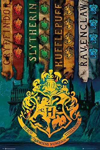 Image of Harry Potter - House Flags - Film Cinema Movie Poster Print - Size 61 x 91.5 cm + 2 Poster Rails Wood 61 cm