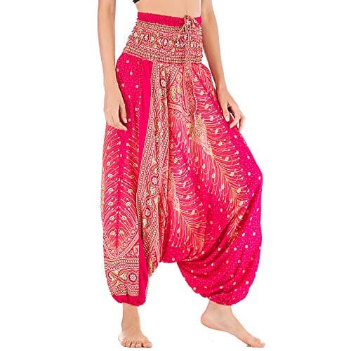 Image of Nuofengkudu Ladies Harem Trousers Patterned Off The Shoulder Jumpsuit Loose Romper High Waist Drop Crotch Pants Fisherman Summer Beach Loungewear(Rose Peacock,One Size)