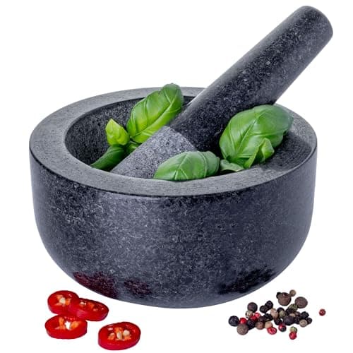 Image of Homiu Pestle And Mortar Set - Granite Stone Large Bowl & Grinder - Premium Solid Natural Stone - Spice Herb Seed Garlic Crusher - Large 16cm(6.3") Diameter
