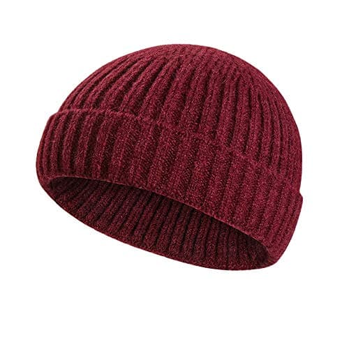 Image of Samserot Winter Wool Knit Trawler Beanie Hat Short Fisherman Skullcap Knit Beanie Cap for Men/Women Wine Red