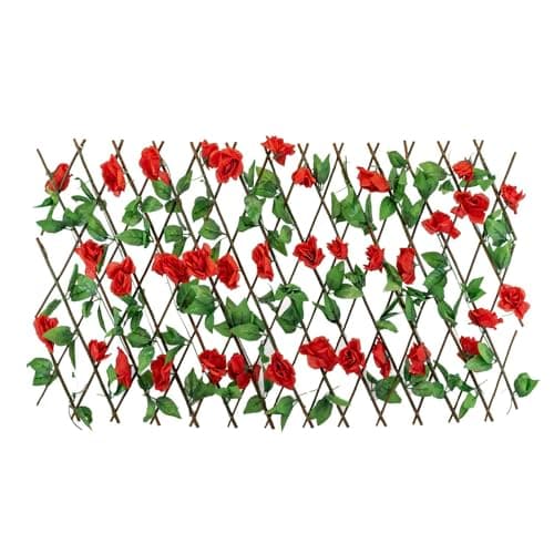 Image of Gardenwize – Solar Powered Light up LED Extendable Garden Trellis, Screening Privacy Boarder UV Protected Faux Ivy Backdrop For Fence Balcony Patio Outdoor IP44 Waterproof (Red Flower)