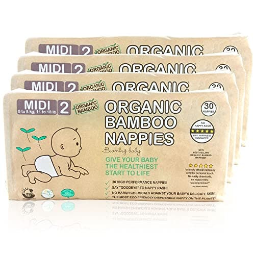 Image of Beaming Baby Organic Bamboo Nappies Size 2 (5-8 kg/11-18 lb) - 120 Biodegradable Nappies (4 Packs x 30) Monthly Pack. Hypoallergenic- Ideal for Sensitive Baby Skin, Recyclable Paper Packaging