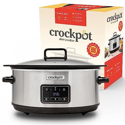 Image of Crock-Pot Sizzle & Stew Digital Slow Cooker | 6.5 L (8+ People) | Removable Induction Hob-Safe Bowl Sears Meat & Vegetables | UK 3 Pin Plug | Stainless Steel [CSC112]
