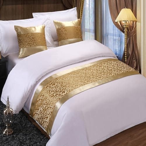 Image of Bed Runner Bedding Scarf Protection Bed Runners And Matching Cushions Modern Bed Runner For Foot Of Bed, Floral Bed Scarf Bedspreads Bedding Scarves For Bedroom Hotel(Gold,2 Pillowcases(50X50cm))