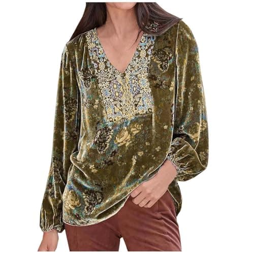 Image of TURWXGSO Velvet Tops for Women Holiday Shirts Elegant V Neck Long Sleeve Blouses Vintage Floral Print Shirts Plus Size Long Sleeve Patchwork Tops Size 8-22 Party Wear Going Out