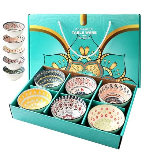 Image of Topsky Bohemian Ceramic Dessert Bowls Set of 6 with Gift Box, 400ml/13.5oz Small Decorative Cereal Bowls for Soup, Ice Cream - Colourful Stackable Tableware, Microwave & Dishwasher Safe