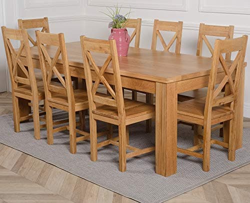 Image of Oak Furniture King Solid Oak Dining Table & Chairs Set 8 Seater Dining Set – Dakota 222 x 102 cm Table with Berkeley Oak Chairs, Wooden Kitchen Furniture, Natural Finish