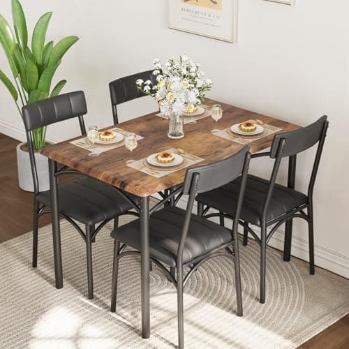 Image of Crevyteg Dining Table Set for 4, 5 Piece Kitchen Table and Chairs for 4 with Upholstered Chairs, Rectangular Dining Room Table Set, Kitchen Table Set for Small Space, Apartment, Studio, Rustic Brown