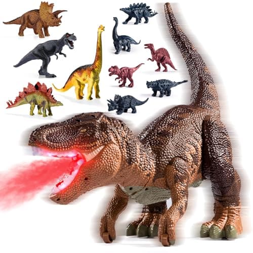 Image of BLmukce Large Dinosaur Toys T-Rex with 10 Mini Dinosaurs Inside, Water Mist Spray & Red Beam, Roaring Sounds & Effects – Educational Toy Figure for Kids 3 4 5 6 Years Old Boys & Girls Brown