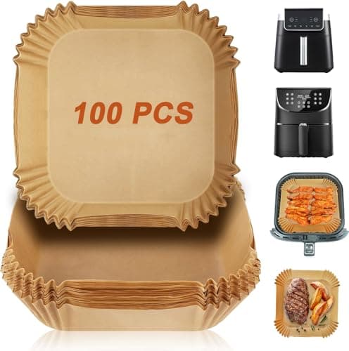 Image of Air Fryer Liners Disposable for Ninja Air Fryer MAX PRO AF180UK 6.2L, AF140UK 4.7L, 100pcs Air Fryer Liners Square, Parchment Paper for Cosori 5.5L/6L, Tefal 5L, Ninja Speedi, Air Fryer 4.5L-6.5L