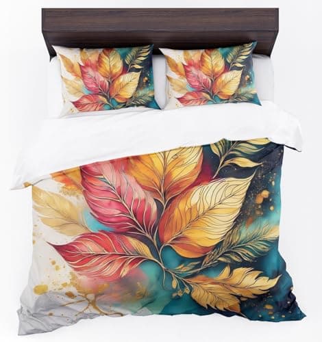 Image of Adam Home 3D Floral Duvet Cover Set With Pillowcases Home Bedroom Décor Digital Printed Microfiber Single Bedding Set Made in UK|Colorful Leaves