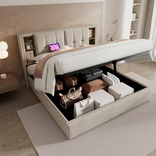 Image of Merax Upholstered Double Bed, Ottoman Storage Bed Frame With Hydraulic Lever, Wireless Charging(USB Tyep-C), Linen Fabric, Natural/135 x 190cm(No Mattress)