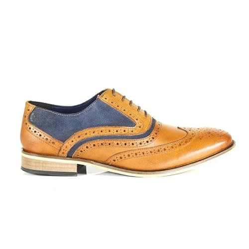 Image of Front Men's Spencer Wingtip Brogue Oxford Handcrafted Genuine Leather Lace up Dress Shoes | Size-10 Tan Navy