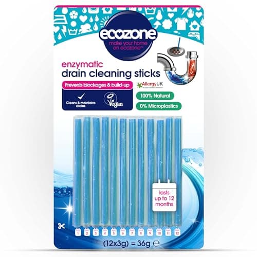 Image of EcoZone Drain Cleaning Sticks, Enzymatic Pipe Unblocker, Prevents Plug Hole Obstructions & Keeps Water Flowing Freely, Natural Vegan & Non Toxic Kitchen & Bathroom Treatment Kit (x 12)