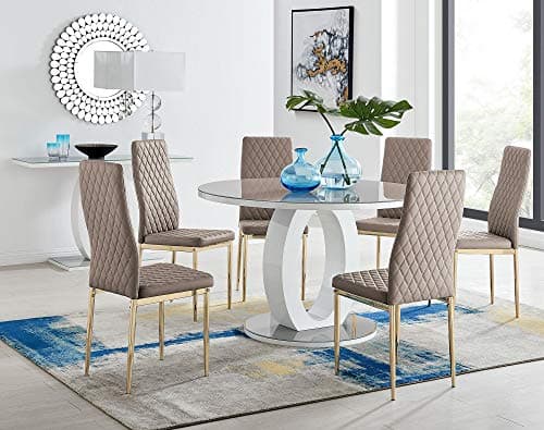 Image of Furniturebox UK Giovani 120cm Large Round Grey Tempered Glass and White Gloss 6 Seater Halo Kitchen Dining Table & 6 Cappuccino Faux Leather Gold Leg Milan Dining Chairs