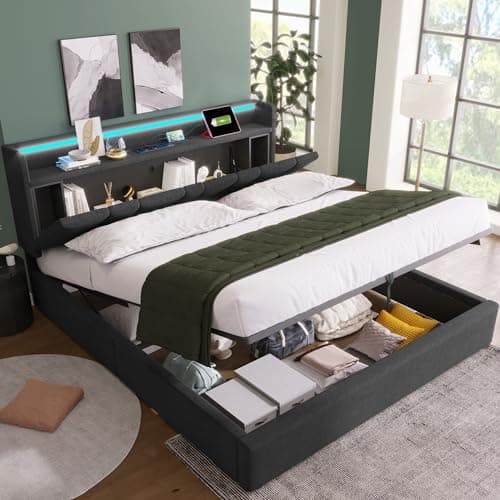 Image of QQU 5ft King Size Bed Frame with Charging Port, Storage Headboard and LED Lighting, Upholstered Ottoman Bed Frame with Underbed Storage & Adjust Headborad, Wooden Slatted Frame, 150x200cm, Grey