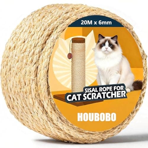 Image of Natural Sisal Rope for Cat Scratcher, 20M x 6mm Cat Tree Rope Twine for Cat Scratching Post Replacement, DIY Thick Twine for Craft Projects Garden Home Decoration Packing Bundling