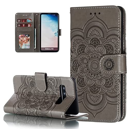 Image of EYZUTAK Case for Samsung Galaxy S10 Plus, Premium Flip Wallet Phone Case PU Leather Mandala Embossed Design Shockproof Cover with Kickstand Card Holder Protective Case - Gray