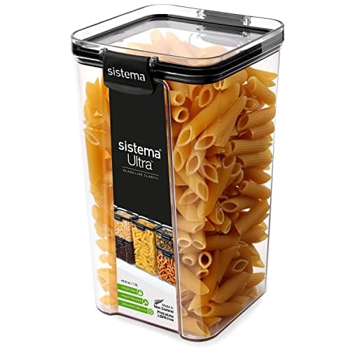 Image of Sistema Ultra Airtight Pantry Storage Container | 1.3 Litre Square Food Storage Container | Stackable | with Locking Clips | BPA-Free | Clear with Black Accents