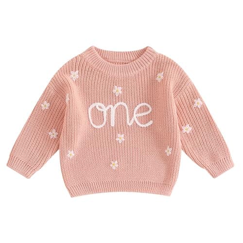 Image of L&ieserram Baby Girl Boy 1st Birthday Knitted Jumper Sweater Long Sleeve Knitwear Pullover Casual Top Clothes Outfit Grows Autumn Winter One Year (Daisy - Pink, 12-18 Months)