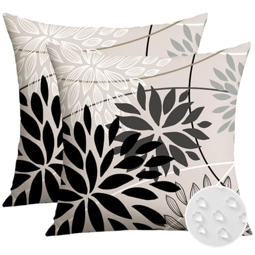 Image of Artscope Outdoor Waterproof Black Dark Grey Cushion Covers Geometric 50x50cm Set of 2 White Dahlia Floral Pillowcases Outdoor Flowers Pillow Covers for Patio Garden Bench Sofa Farmhouse Decor