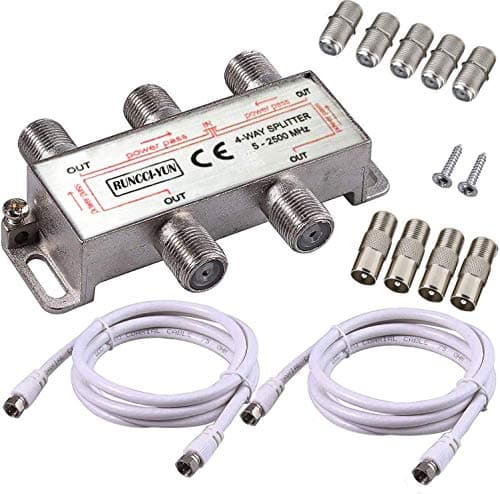 Image of RUNCCI-YUN 4 Way Satellite TV Aerial Splitter - F Type, 5-2500MHz with 2 x 1.5m Coax Cable and 4 x F Plugs + 5 x F Sockets