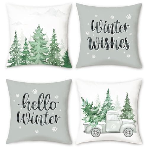 Image of COZZSNUGE Winter Cushion Covers Grey Truck Pine Tree Forest Snowflakes Christmas Velvet Decorative Pillowcases for Sofa Bed Home Patio 45 x 45 cm Set of 4