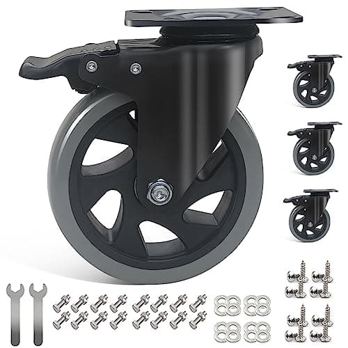 Image of IQWTU 125MM Heavy Duty Castor Wheels 4 Furniture Castors with Brakes, Double Bearing Rubber Swivel Castor PU Trolley Wheels, Industrial Plate Casters Capacity 800KG