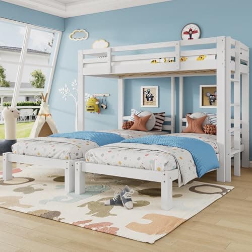 Image of Jovify Triple Sleeper Bunk Bed, 3ft Single Triple Loft Bed With Side Ladder, Solid Pine Wooden 3 Beds for Children Teens Adults, White, 90x190 cm + 90x200 cm