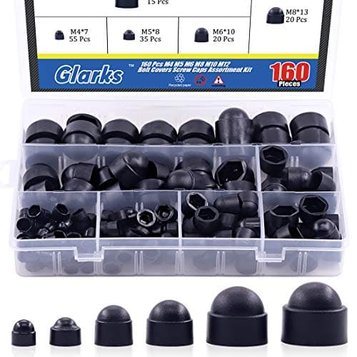 Image of Glarks 160Pcs Black Bolt Covers Screw Caps Assortment Kit, M4 M5 M6 M8 M10 M12 Nylon Acorn Dome Protection Caps for Protecting Hexagon shaped Screws Bolts (Black)
