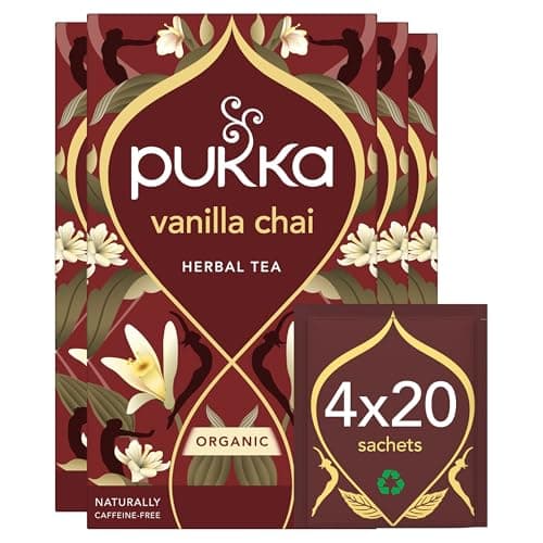Image of Pukka Herbs | Vanilla Chai Organic Herbal Tea Box | Energising Infusion With Cinnamon, Cardamom, Ginger, Fennel | Perfect For Vitality | Caffeine Free | 4 Packs | 80 Plant Based Biodegradable Tea Bags