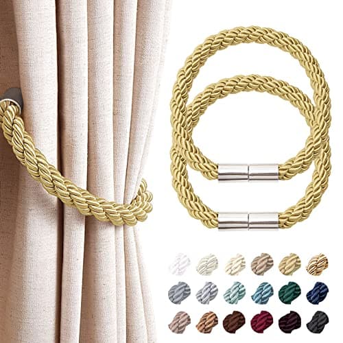 Image of Pretty Jolly 2 Pack Strong Magnetic Curtain Tiebacks Modern Simple Style Drape Tie Backs Convenient Decorative Weave Rope Curtain Holdback for Thin or Thick Home & Office Window Drapery (Gold)