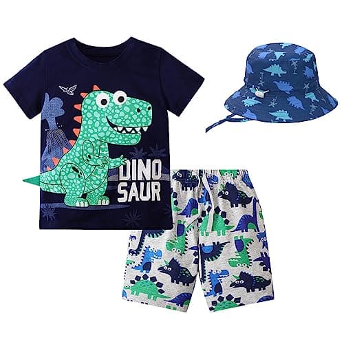 Image of GEMCYN Boys 2 Pieces Outfits Dinosaur Short Sleeve T Shirts Tops & Shorts Toddler Children Kids Outfits Set + Bucket Sun Hat