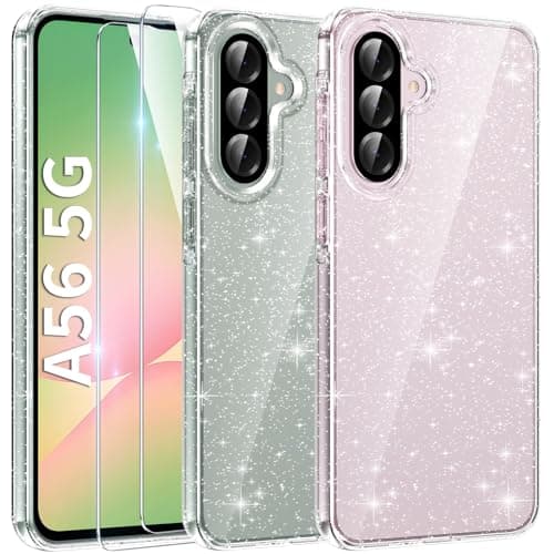 Image of AROYI 3 in 1 Clear Glitter Case for Samsung Galaxy A56 5G Case with 2 Tempered Glass Screen Protector, Soft Bumper Anti-Scratch Sparkle Bling Women Girls Samsung Galaxy A56 Phone Case Cover