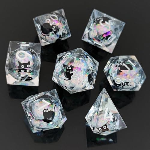 Image of ORUZA 7 PCS Liquid Core Polyhedral DND Dice, Resin Sharp Edge Cat Dice Set for D&D Dungeons and Dragons RPG MTG Table Games D20 D12 D10 D8 D6 D4 D%