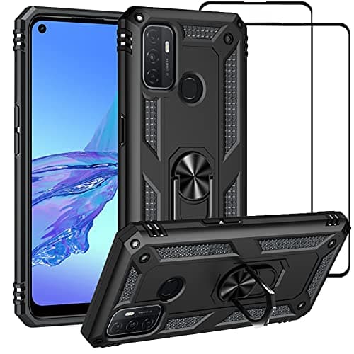 Image of Case for OPPO A53S /OPPO A53 2020 Cover and [2 Screen Protector] Military Grade [360° Magnetic Ring Holder] Hidden Bracket Slim Tough Shockproof Armor Case for OPPO A53S (Black)