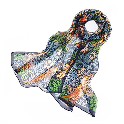 Image of Signare Women's 100% Silk Lightweight and soft Scarf/Headwear with William Morris Design (Strawberry Thief Blue)