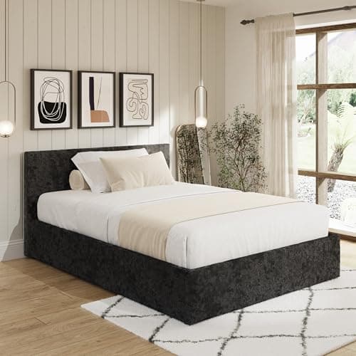 Image of GFW End Lift Ottoman Black Crushed Velvet Upholstered Gas Lift Storage Bed Bedroom 120cm 4ft Small Double