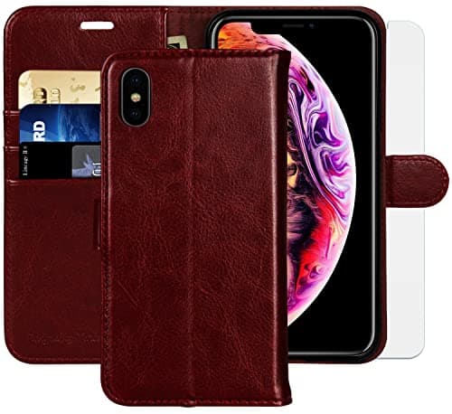 Image of MONASAY iPhone Xs MAX Wallet Case,6.5-inch, [Glass Screen Protector Included][RFID Blocking] Flip Folio Leather Cell Phone Cover with Credit Card Holder for iPhone Xs MAX,Burgundy