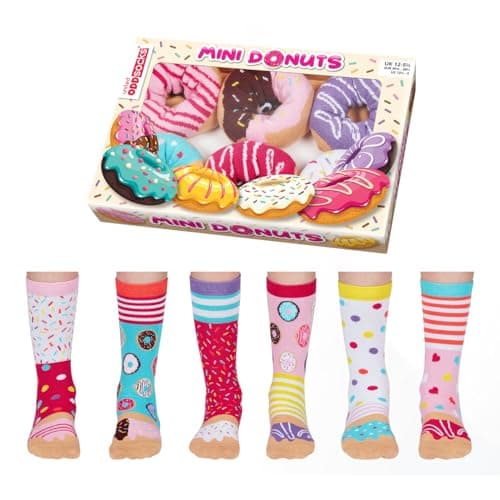 Image of United Oddsocks Mini Donuts Gift Box – 6 Colourful Kids’ Odd Socks for Donut Lovers – UK 12-5.5 EUR 30-38 US 13.5-8 – Sweet Treat-Themed Socks – Mix and Match – Fun & Cotton Rich Crew Set Gift