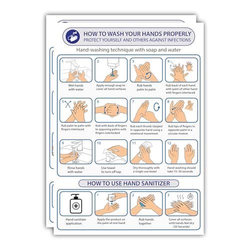 Image of 10 Pack Hygiene Safety Sign Set – Self Adhesive – 2× A4 How to Wash Your Hands Posters, 2× A5 Please Wash Your Hands Signs, 3× 85 mm & 3× 74×105 mm Caution Hot Water Stickers
