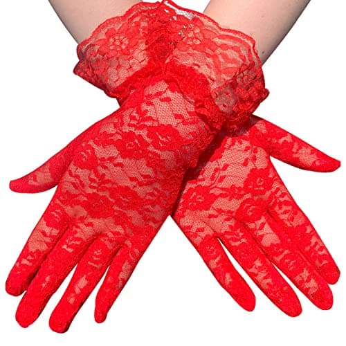 Image of Lansonee A Pair of Short Lace Gloves, Rose Lace Design Ladies Wedding Dinner Gloves Wedding Party - Red