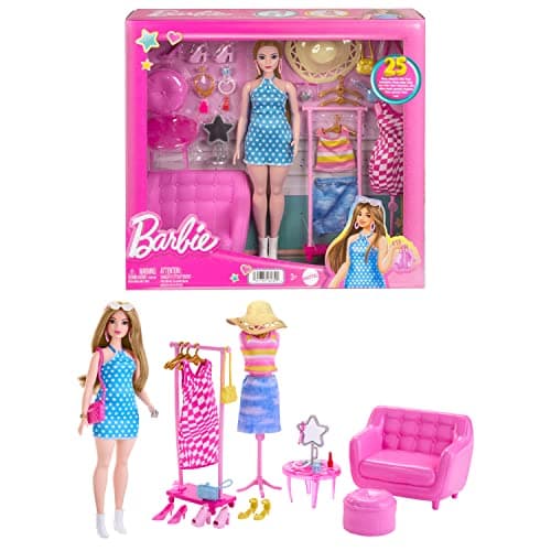 Image of Barbie Doll and Fashion Set, Barbie Clothes with Closet Accessories like Rack and Mannequin, 32 Storytelling Pieces, HPL78